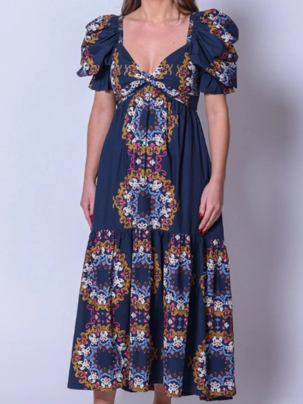 Cleobella Navy Jewel Ankle Maxi Dress Blue Gold Medallion Print Boho